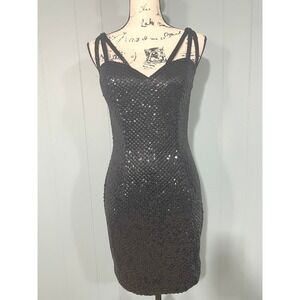 Vintage 90s NiteLine Della Roufogali Black Beaded Strappy V Neck Party Dress